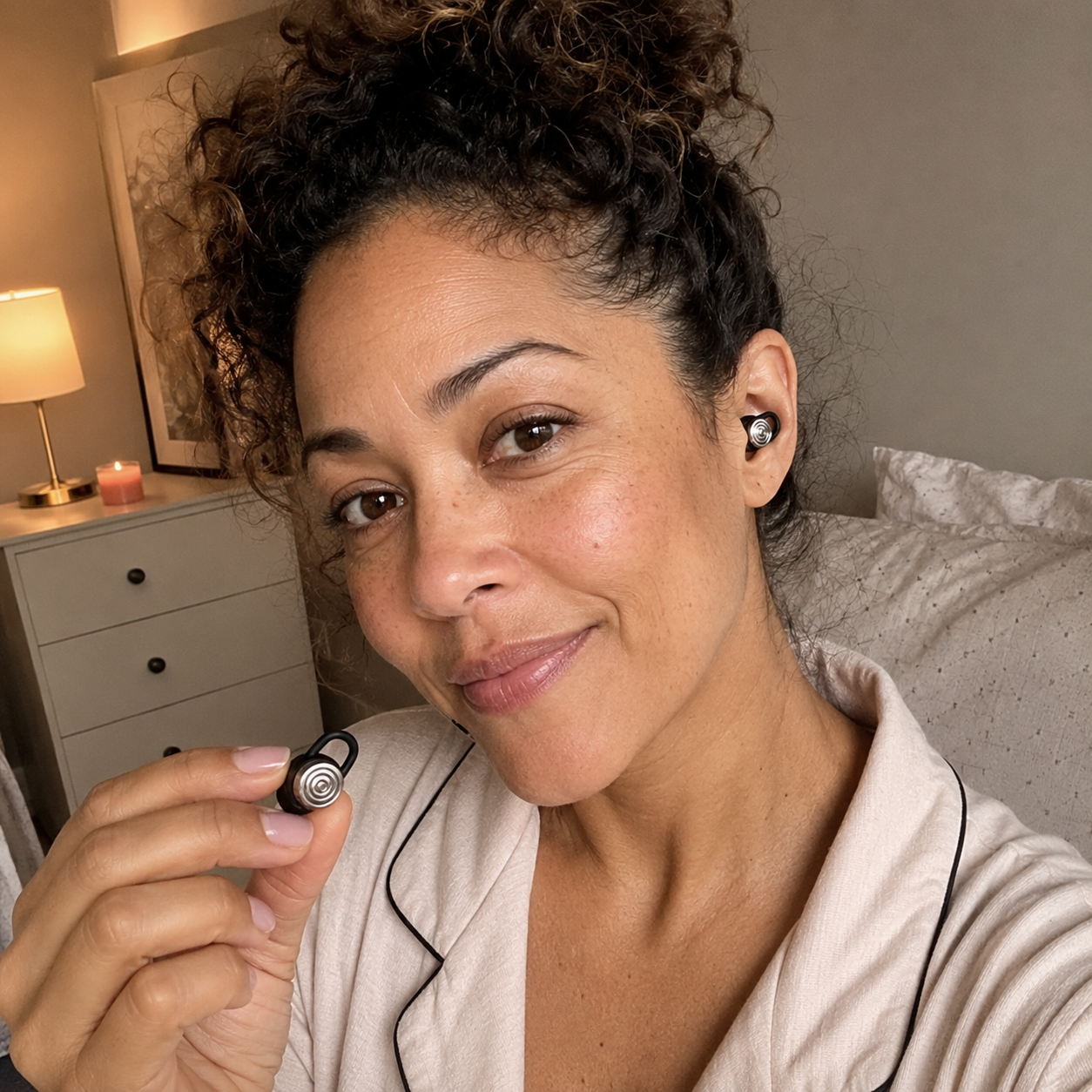 Customer showing a Driftwell earplug at home