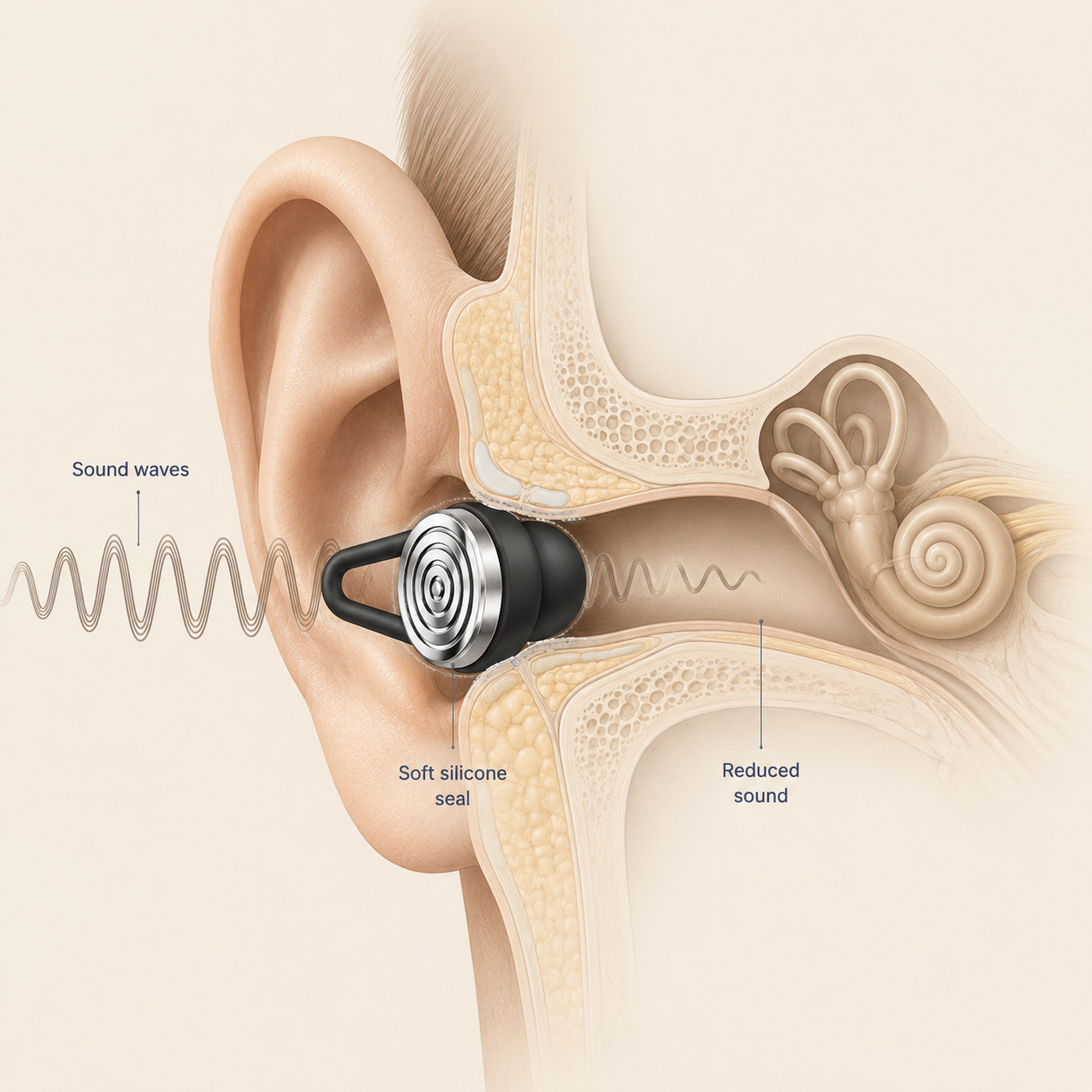 Medical illustration showing how the Driftwell earplug forms a soft silicone seal in the ear canal to reduce incoming sound waves