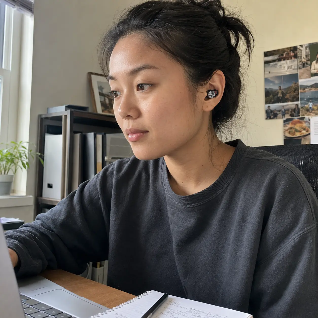 Customer wearing Driftwell earplugs while studying at a desk